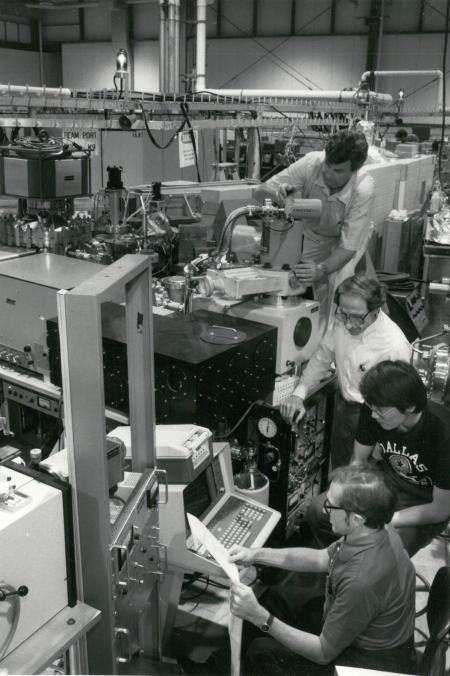 First extramural users of John's U9B beamline. From front: Donald M. Gray, at the University of Texas, Dallas (UTD); Young Yang, then a graduate student at UTD; John; and Dimitrij Lang, also at UTD