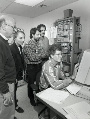 Betsy and others in the control room of the target area of the alternating-gradient synchrotron